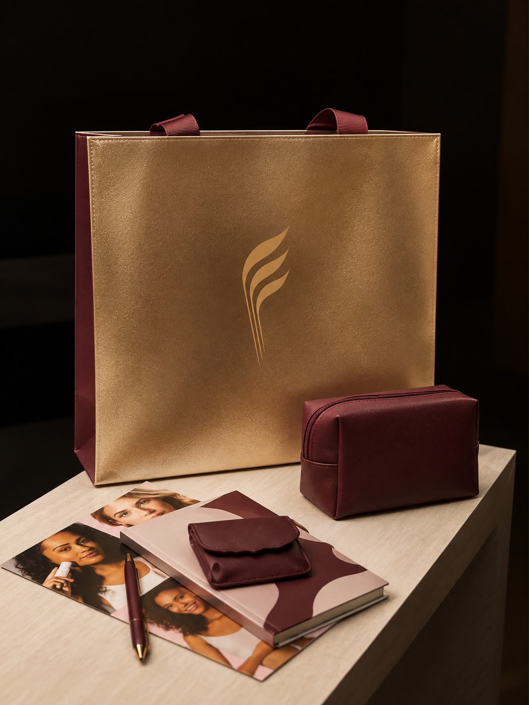 Kit de brinde entregue às alunas: bolsa dourada, nécessaire, caderno e caneta em tons de vinho e dourado